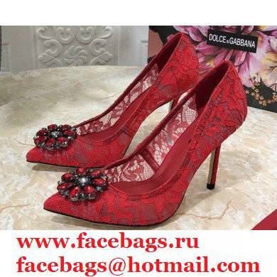 Dolce & Gabbana Heel 10.5cm Taormina Lace Pumps Red with Crystals 2021